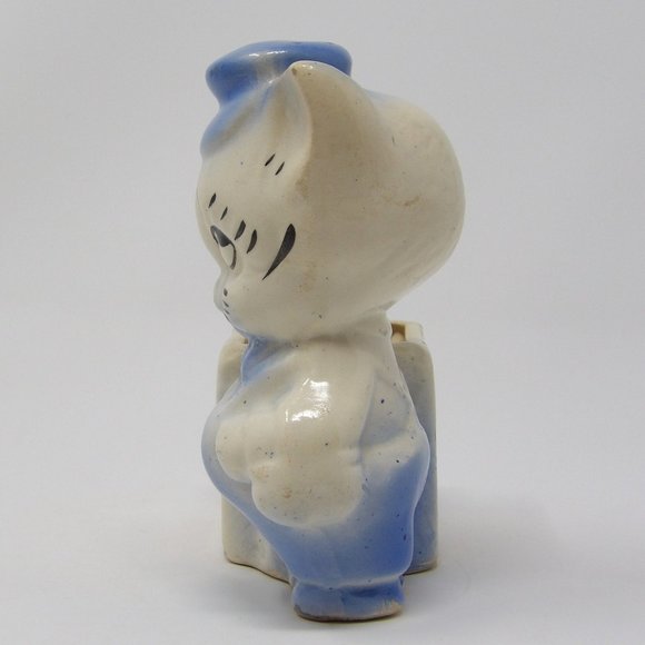 Vintage Planter Anthropomorphic Pig Blue Hat, Bow Tie Overalls 5 1/2" H x 5 1/2" - Picture 2 of 10